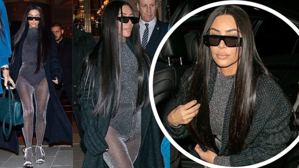 Kim Kardashian in sparkling grey unitard as she heads out for dinner in Paris