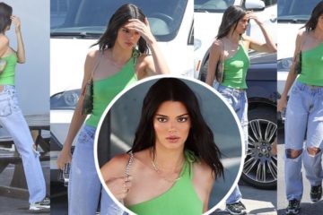 Kendall Jenner in green tank top as carries Mona Lisa purse to meet up with Scott Disick